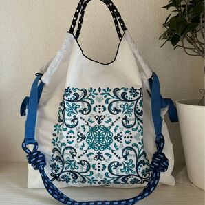 【刺繍 エコバッグ + 青ストラップ付き】トートバッグサイズM