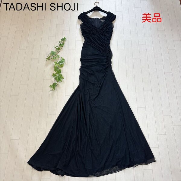 美品 TADASHI SHOJI タダシショージ チュール ドレープ マキシドレス ロングワンピース ブラック