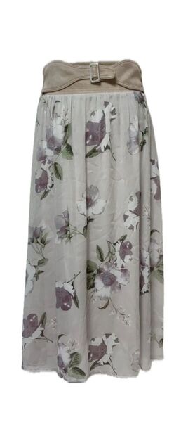 花柄ロングスカート ベージュ ベルト付き