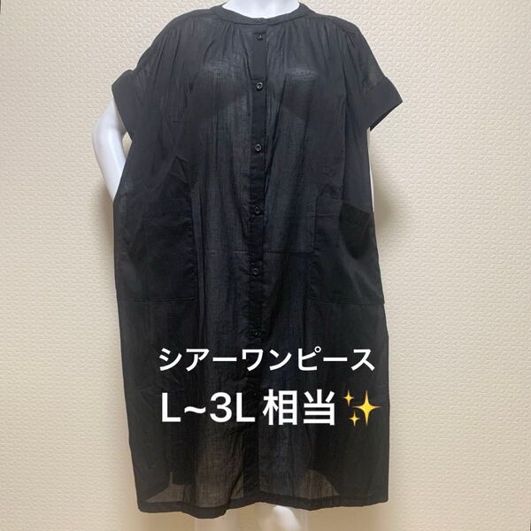 シャツワンピース 大きめサイズ ブラック 半袖 前ボタン 透け感あり ポケット付き L~3L相当 タグ付き