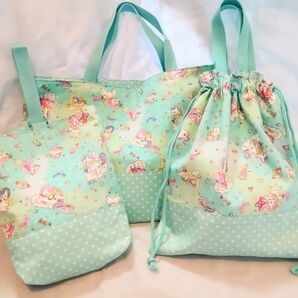 ☆ ハンドメイド レッスンバッグ・上靴袋・体操服袋 ユニコーン・プラネット ミント ☆