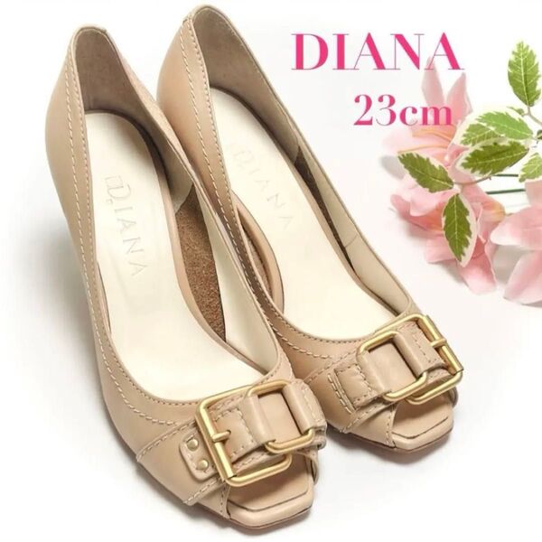DIANA ダイアナ パンプス 23㎝ ベージュ レザー オープントゥ ハイヒール レディース ベルト 美脚 シューズ 靴