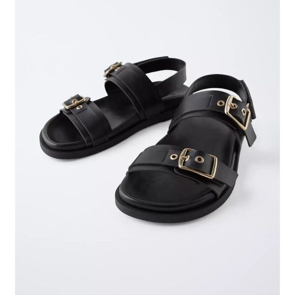 zara バックル付 ダブルソトラップ サンダル 黒 39