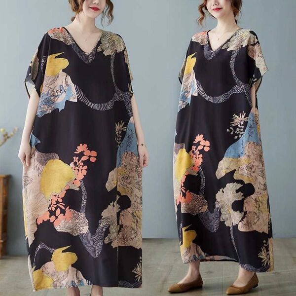 【新作】ロングワンピース 和柄 着物風 黒色 和風 半袖 マキシ丈 夏 浴衣風 Vネック マキシ丈 体型カバー