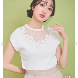 noela ニットトップス ノースリーブ ホワイト 白 レース 上品 オフィスカジュアル 夏 春 服 半袖ニット ホワイト