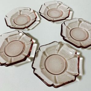 未使用 ピンク 豆皿 小皿 六角皿 ガラス 皿 食器 5枚セット