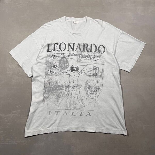 【激レア】90s レオナルドダヴィンチ 人体図 アート Tシャツ イタリア ヴィンテージ シングルステッチ 半袖 ホワイト
