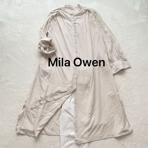 Mila Owen ミラオーウェン ノーカラー ロングシャツワンピース フリーサイズ 綿100% コットンワンピース バンドカラー