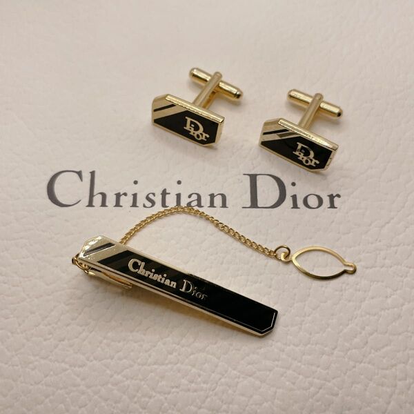 Christian Dior ネクタイピン&カフスセット ブラックxゴールド アクセサリー クリスチャンディオール ゴールド