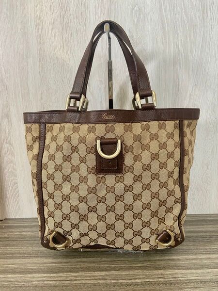 GUCCI トートバッグ GG柄 キャンバス アビーライン レザー ベージュ ハンドバッグ ゴールド金具