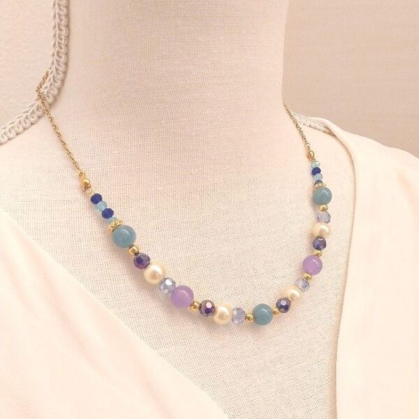 天然石《アクアマリン×ラベンダー翡翠》ネックレス ハンドメイド ネックレス ビーズ ゴールド 青系 紫系 白
