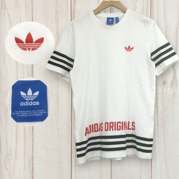 【アディダスオリジナルス 半袖ロゴ刺繍Tシャツ】 トレフォイル スリーライン L 白 古着 メンズ