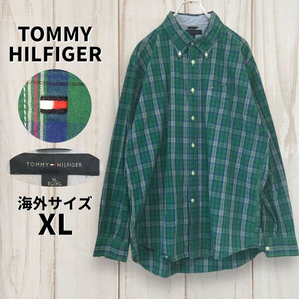 【トミーヒルフィガー 長袖ボタンダウンシャツ】 ロゴ刺繍 BDシャツ XL 緑 TOMMY HILFIGER 輸入古着