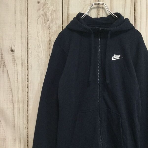 【ナイキ ロゴ刺繍フルジップパーカー】青タグ ZIP持ち手ロゴデザイン スウェット プルオーパー M ネイビー NIKE 古着