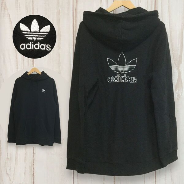 【アディダス 長袖ロゴ刺繍パーカー】背面ビッグロゴ刺繍 プルオーバー 2XL 黒 adidas 古着