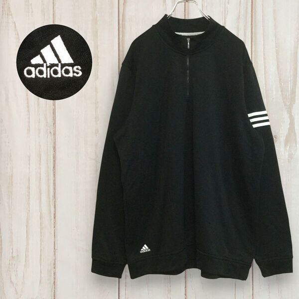 【アディダス 長袖ハーフジッププルオーバー】 ロゴ刺繍 スリーライン ビッグサイズ XL 黒 adidas 古着
