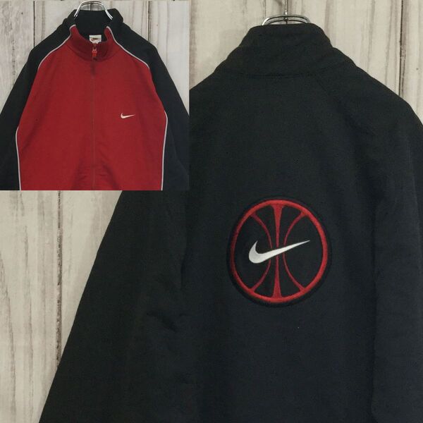 【激レア ナイキ ロゴ刺繍ジャージ】銀タグ 90s 背面ビッグロゴ トラックジャケット 2XL 黒/赤 NIKE 古着
