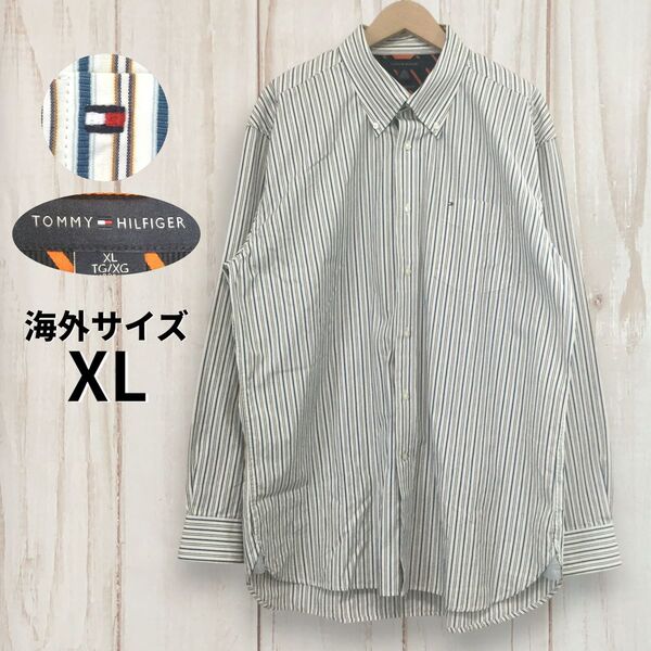 【トミーヒルフィガー マルチストライプ 長袖シャツ】 ロゴ刺繍 ボタンダウン XL TOMMY HILFIGER 古着