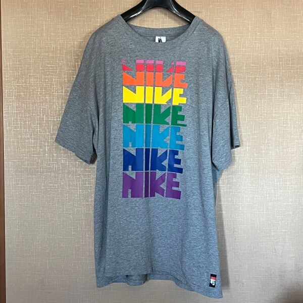 ゴツNIKEロゴ 6連レインボーカラー Tシャツ HEATHER GREY ナイキ Lサイズ 大きめ 半袖Tシャツ