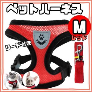 犬用メッシュハーネス Mサイズ ・レッド・赤 ベストタイプ リード付 通気性 軽量 肉球マーク かわいい 犬 猫 ペット
