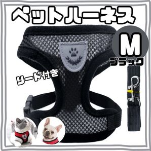 犬用メッシュハーネス Mサイズ ・ブラック 黒 ベストタイプ リード付 通気性 軽量 犬 猫 ペット かわいい 肉球マーク