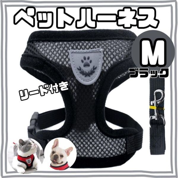 犬用メッシュハーネス Mサイズ ・ブラック 黒 ベストタイプ リード付 通気性 軽量 犬 猫 ペット かわいい 肉球マーク