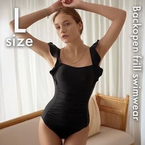 新品|バックオープンフリルスイムウェア 黒 ブラック L 綺麗 お洒落 お洒落 おしゃれ