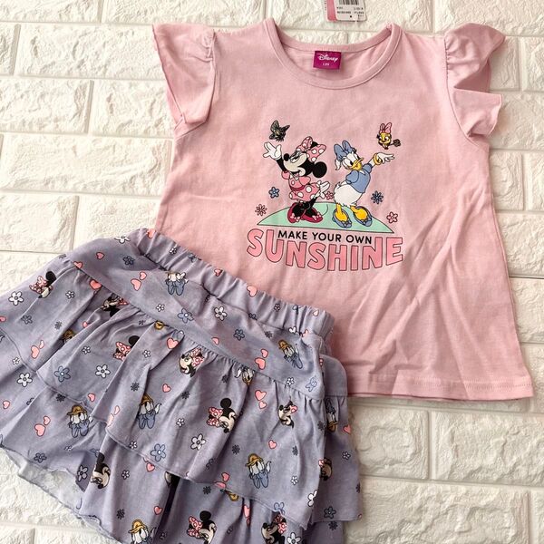 ミニーマウスとドナルドダックのセットアップ 120cm 子供服 ショートパンツ女の子 半袖Tシャツ 上下セット カットソー
