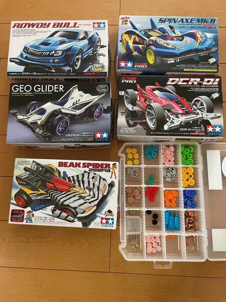 最終値下げ!ミニ四駆 5点セット(ジャンク品2点含む)+高速&ノーマルギヤセット(ボックス付き)