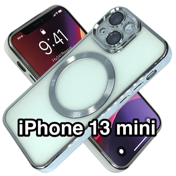 iPhone13miniケース クリアTPU 高級メッキ加工 Magsafe カメラレンズ保護フィルム シルバー