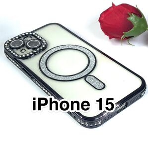 iPhone15ケース TPU ラインストーン グリッターシェルデザイン Magsafe カメラレンズ保護 黒 ブラック