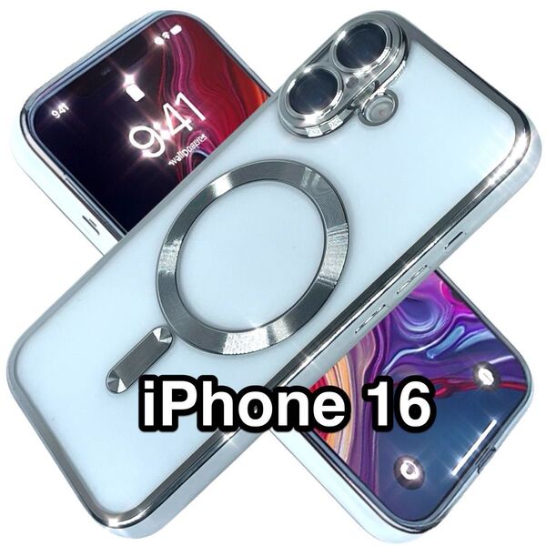 iPhone16ケース クリアTPU 高級メッキ加工 Magsafeシェル カメラレンズ保護フィルム シルバー