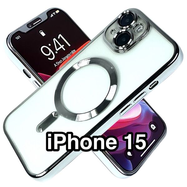 iPhone15ケース クリアTPU 高級メッキ加工 Magsafeシェル カメラレンズ保護フィルム シルバー