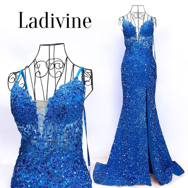 【新品】Ladivine 高級 ロングドレス カラードレス イブニング パーティー キャバ 演奏会 スパンコール 青 ブルー