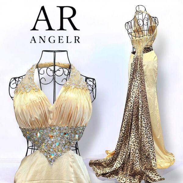 ★新品★AngelR AR キャバドレス ロングドレス ビジュー イエローゴールド 豹柄 レオパード
