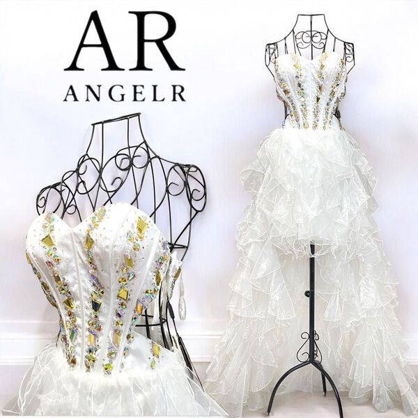 ★新品★AngelR AR キャバドレス ショートイン ロングドレス コルセットデザイン ビジュー ホワイト S