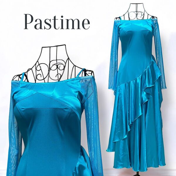Pastime パスタイム 社交ダンス ロングドレス レッスンウェア 舞台衣装 光沢 ブルーグリーン 日本製