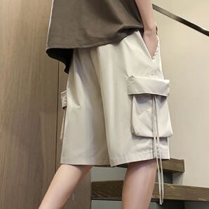 メンズ カーゴパンツ ハーフパンツ ハーフカーゴパンツ 膝丈パンツ アウトドア カジュアル カーキ Lサイズ