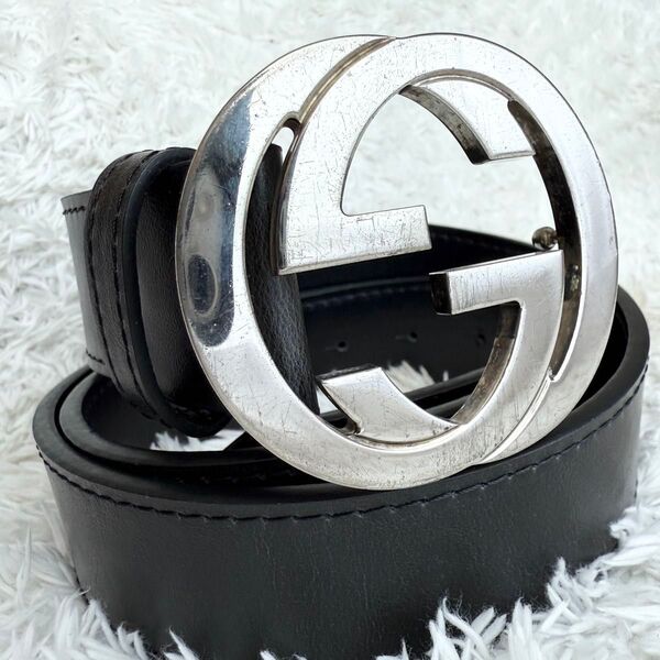 【美品】GUCCI ベルト インターロッキング GG デカロゴ シルバー 黒
