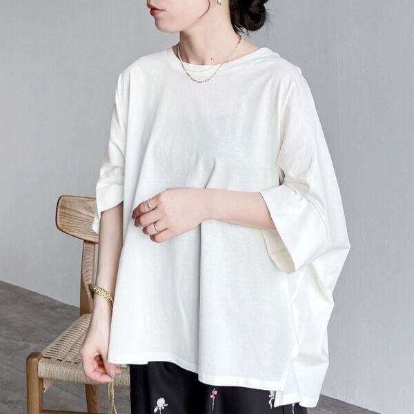 reca ドルマンスリーブワイドTシャツ ラクに体型カバーも叶う!綿100% オフホワイト Mサイズ