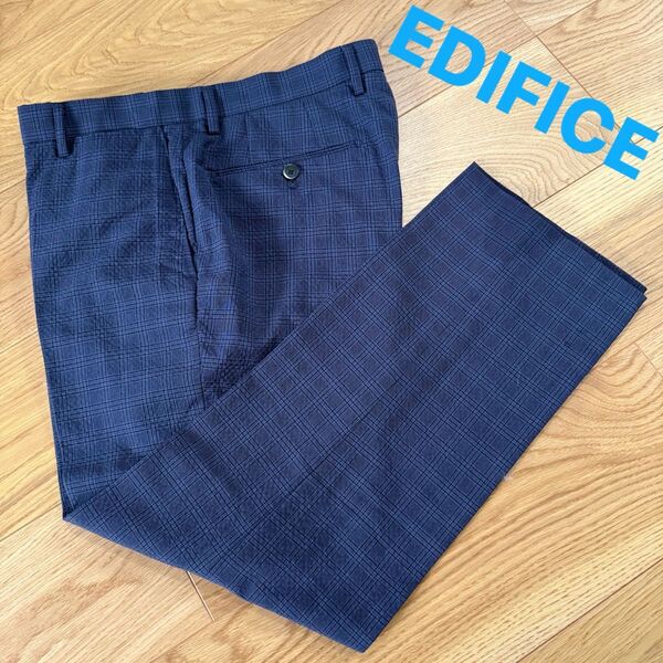 美品 EDIFICE ネイビー チェック柄 夏用 スラックス パンツ 50