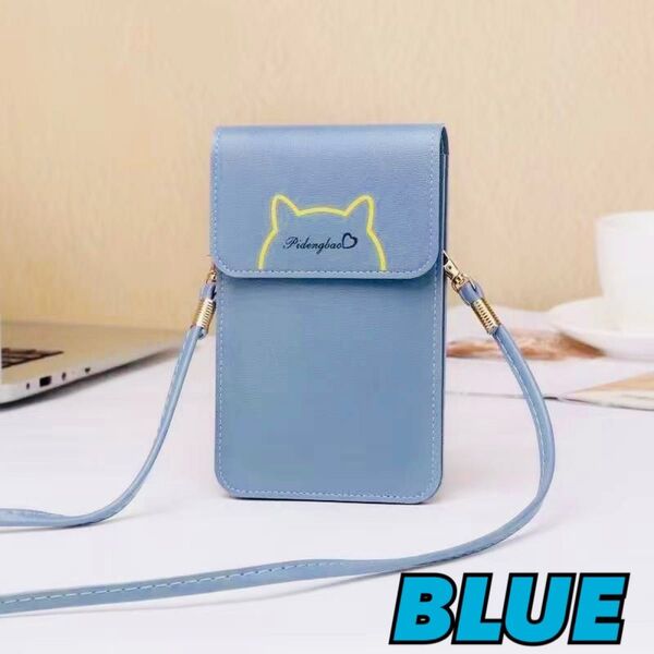薄型 軽量 スマホショルダーバッグ ブルー 猫 ネコ キャット 肩掛け 携帯 スマホ 小物入れ 女性 学生 婦人 旅行