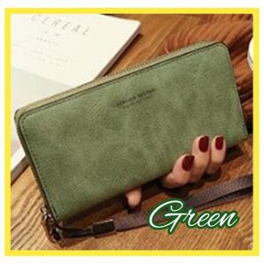 グリーン ラウンドチャック長財布 スマホも入る大容量ポーチ 小銭入れ付き