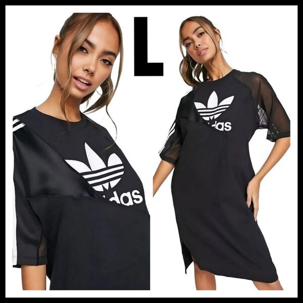 adidas★黒★L★生地切替Tシャツワンピース★チュニック★ドレス★レディース★春夏秋★匿名送料無料