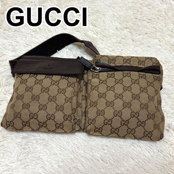 GUCCI グッチ GG柄 シマ レザー キャンバスショルダーバッグ ボディバッグ ウエストバッグ 男女兼用 本革 ブラウン