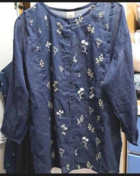 Atorin house 刺繍入り五分袖チュニック ネイビー