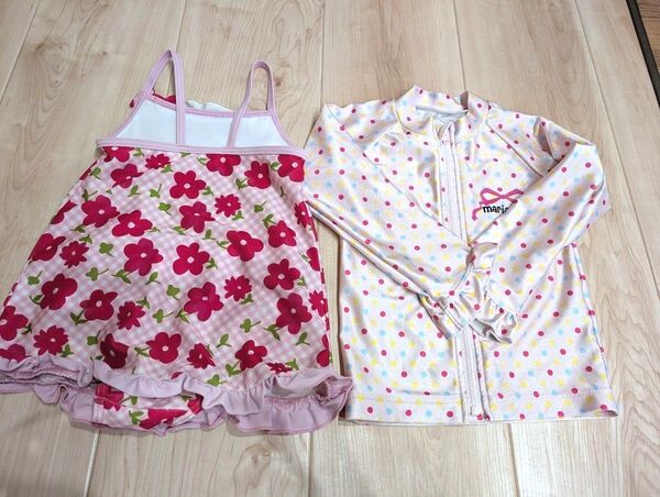 女の子用 水着100cm ラッシュガード95cm 2点セット ピンク 花柄 ドット フリル