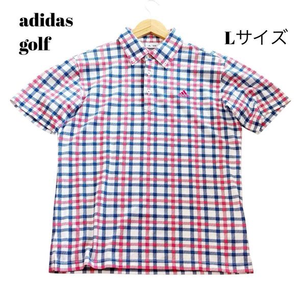 【Lサイズ】adidas golf アディダスゴルフ メンズ チェック柄 ホワイト 白 ブルー 青色 ポロシャツ 半袖ゴルフウェア