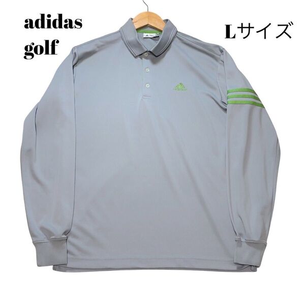 【Lサイズ】adidas golf アディダスゴルフ グレー灰色グリーン緑 ロゴ長袖 メンズウェア速乾 ポロシャツ メッシュ