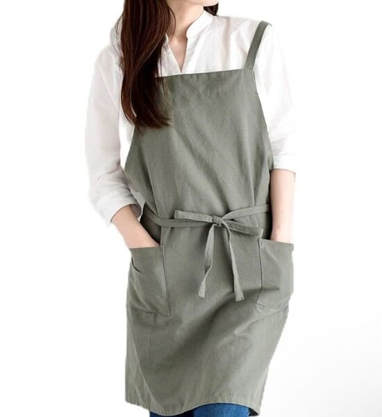エプロン 北欧 ポケット2個付き カフェエプロン 大人用 着丈73cm カーキ 男女兼用 おしゃれ